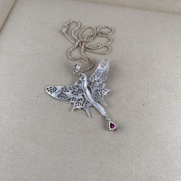 Whimsical Sterling Silver Faerie (Fairy) with Blood Red Ruby Drop Necklace - Picture 8 of 8
